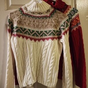 Women's Cable Knit Sweater - Cream, Brown, Red